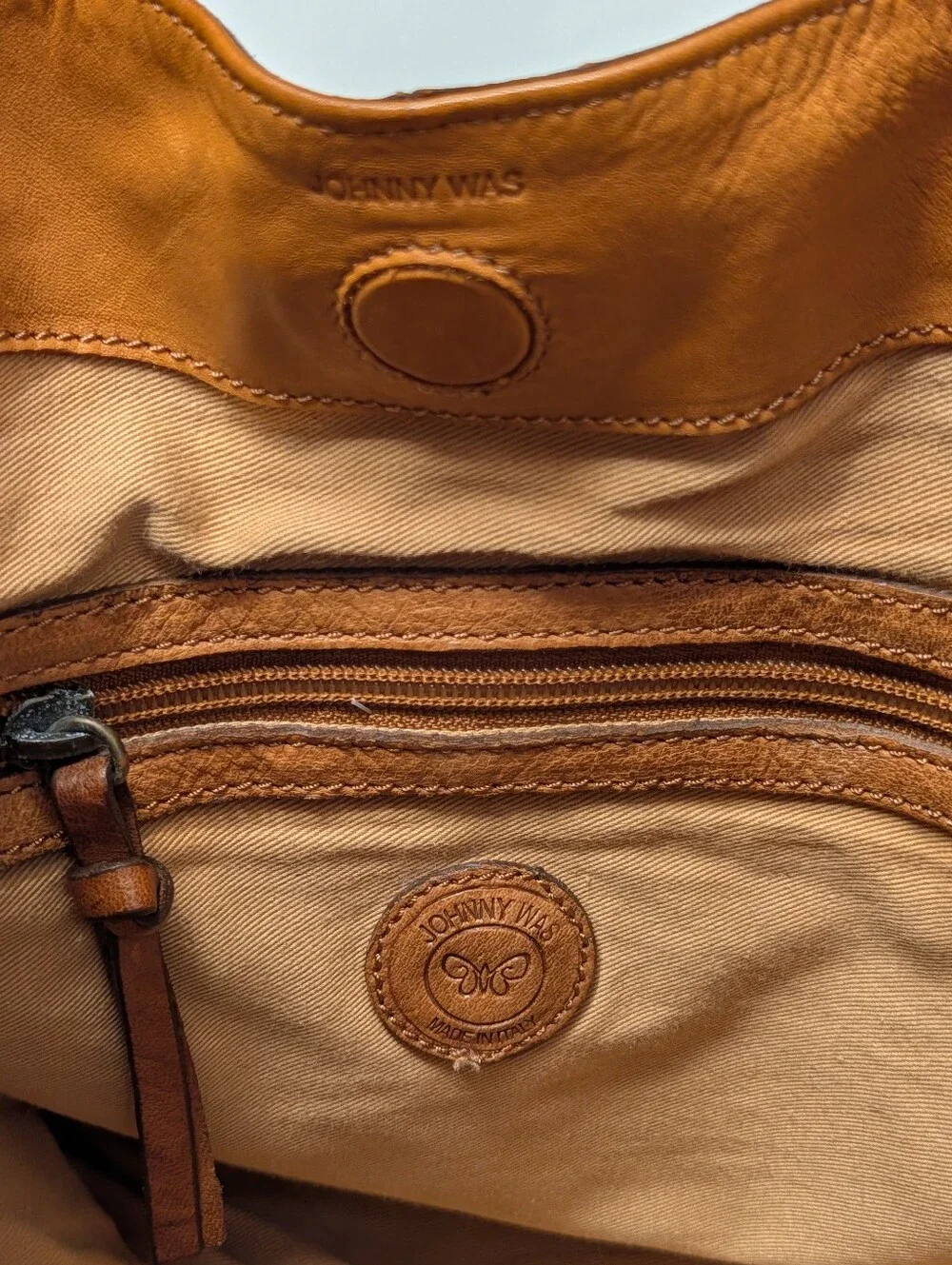 Johnny Was Brown and Tan Leather Suede Fringe Shoulder Bag